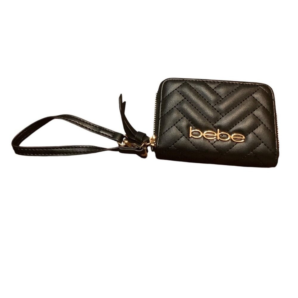 Bebe Quilted Black Faux‎ Leather Wristlet Wallet Gold Logo Zipper Closure NWOT